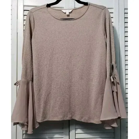 Lauren Conrad Gauzy Top Women's Size Small Taupe Sheer Bell Sleeve Blouse - Picture 2 of 10